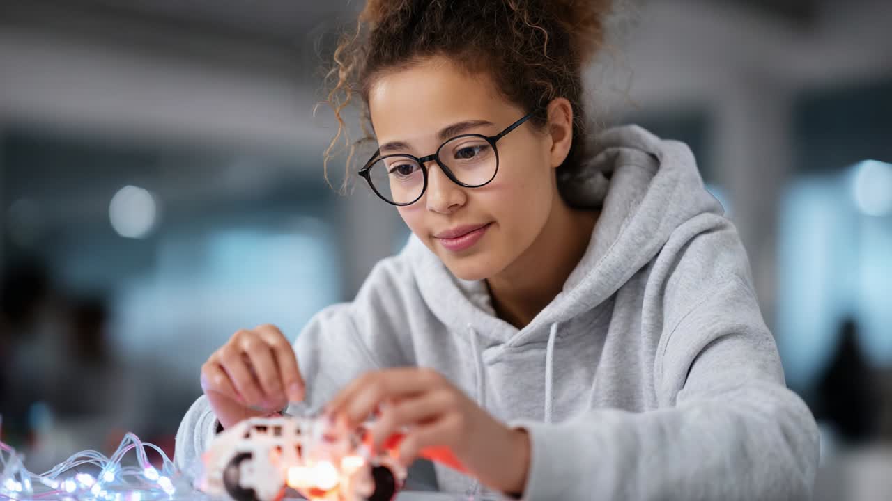 A Young Innovator Engaged in a Creative Project, Constructing a Toy Vehicle with Colorful LED Lights, Showcasing Curiosity and Hands-on Learning in a Contemporary Learning Environment