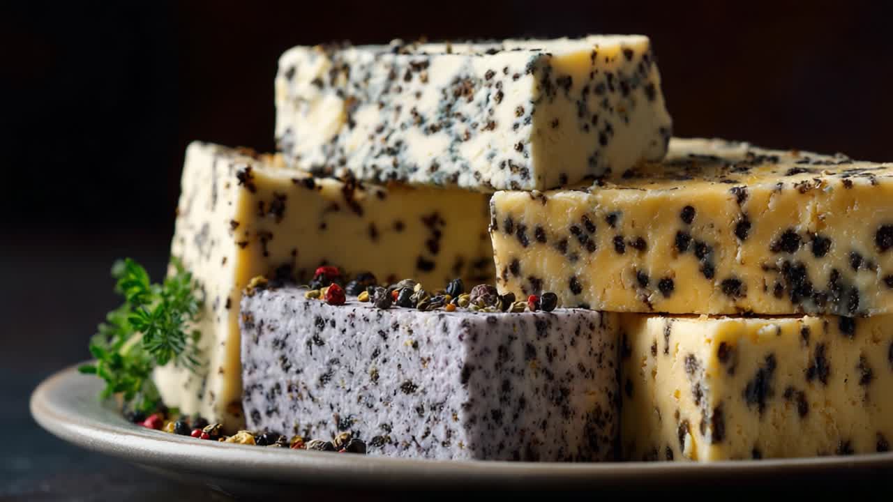 A Gourmet Cheese Display Featuring Varieties with Peppercorns and Herbal Accents, Showcasing the Art of Artisan Cheese Crafting on a Serving Plate