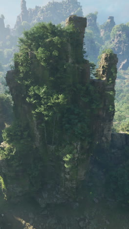 overgrown stone tower on a mountain cliff