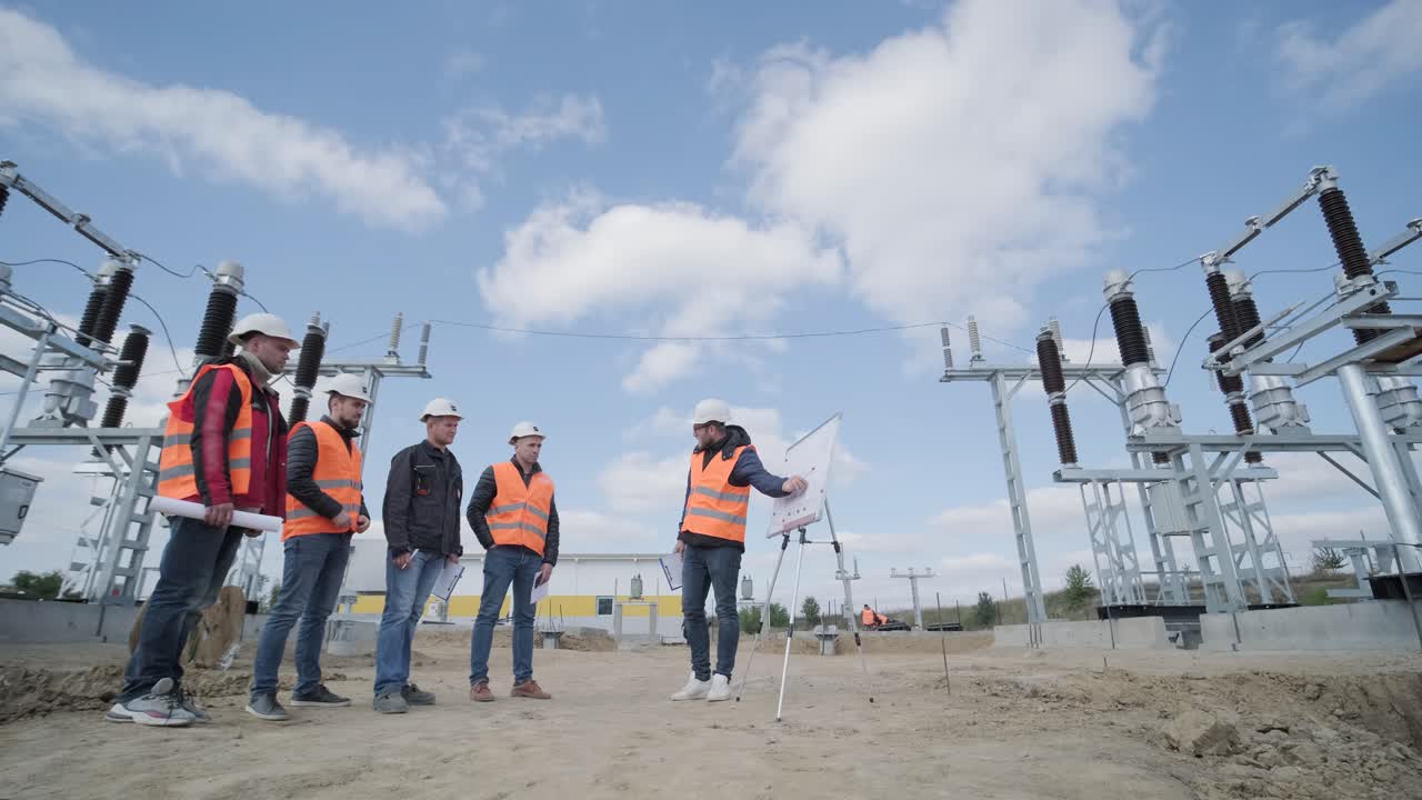 ingenieros supervisan la construcción de una subestación de transformador