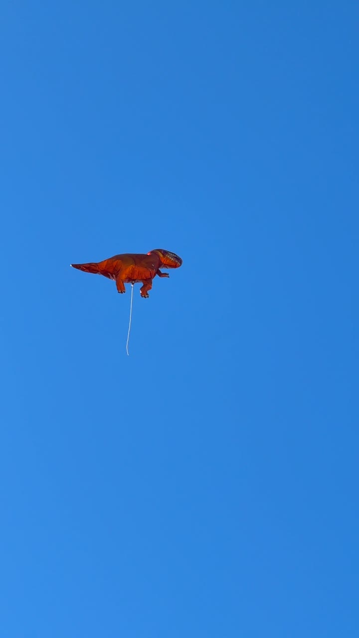 Orange Dinosaur Balloon Floating in a Clear Blue Sky