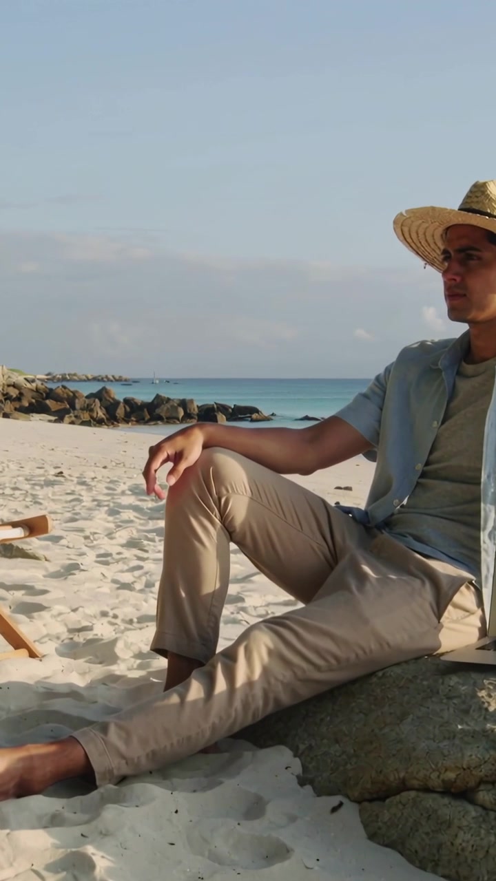 Video verticale: Uomo in pausa con cappello di paglia che guarda il mare su una roccia bassa, con laptop, sedia e spazio per il testo