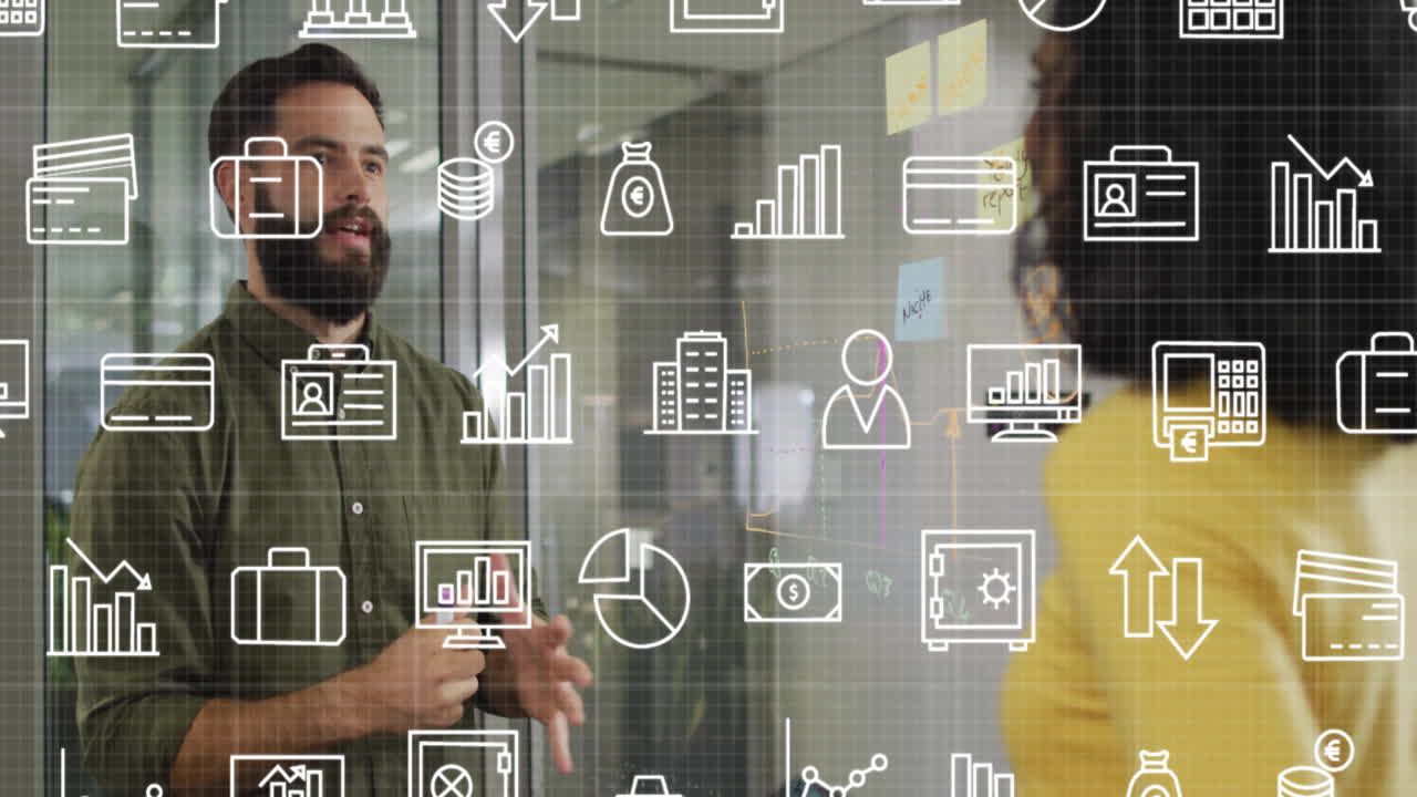animación de iconos de negocios y procesamiento de datos sobre diversas personas de negocios en la oficina
