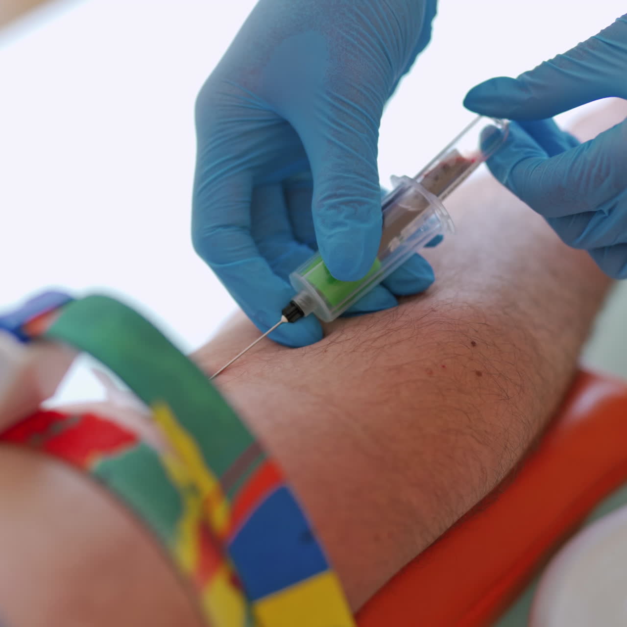 Close-up of the process of taking blood from the vein. Lab technician pricking needle syringe in the arm patient drawing blood sample for blood test.