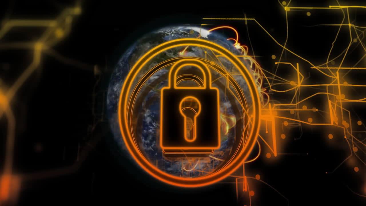 Digital lock glowing over Earth, representing cybersecurity with network animation
