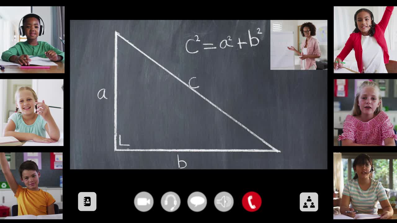 Animation of interface screen with chalkboard, teacher and six diverse children in online lesson