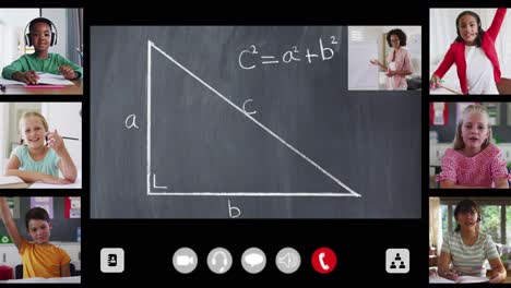 animation of interface screen with chalkboard, teacher and six diverse children in online lesson