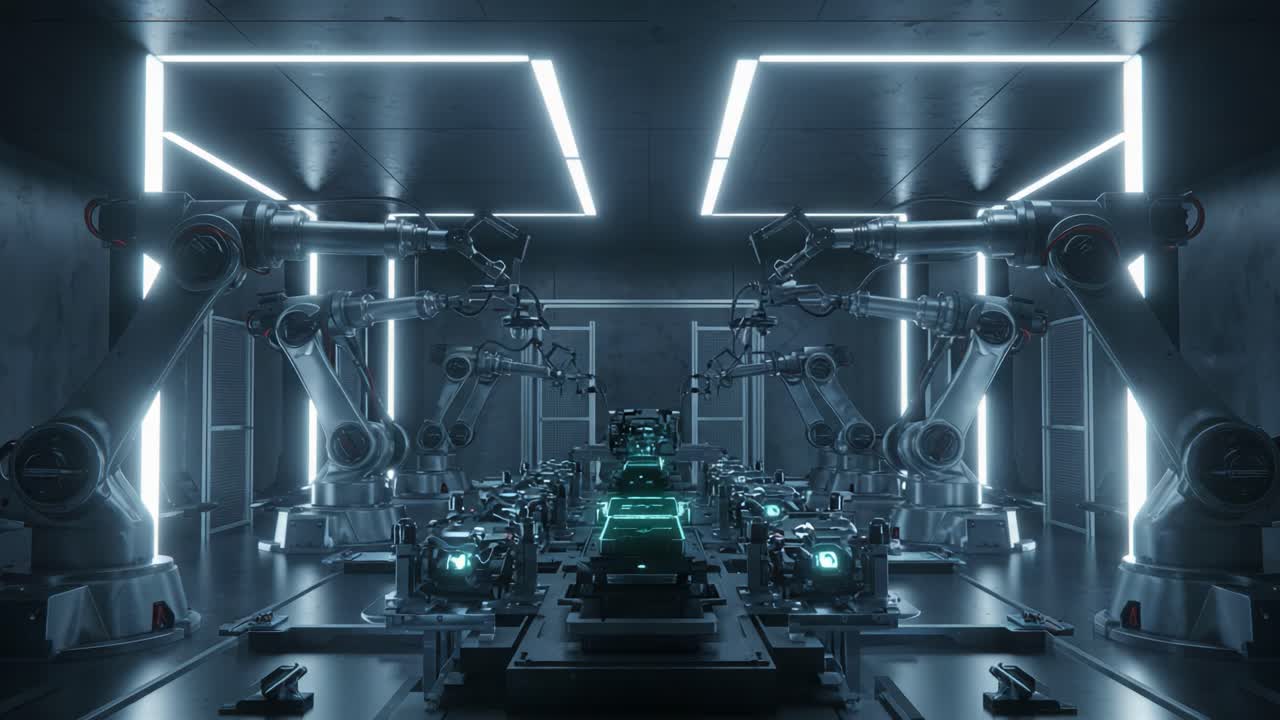 A Futuristic Manufacturing Facility Showcasing Advanced Robotic Automation with Illuminated Technology and Precise Machinery Operated in a High-Tech Environment
