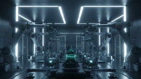 A Futuristic Manufacturing Facility Showcasing Advanced Robotic Automation with Illuminated Technology and Precise Machinery Operated in a High-Tech Environment