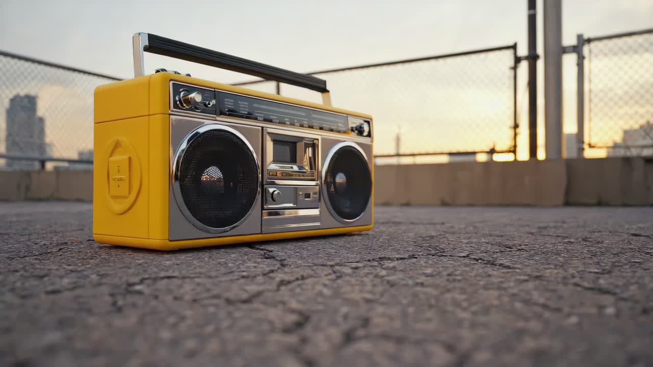 A vintage yellow boombox on an urban rooftop