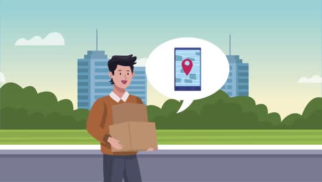 hombre levantando una caja de cartón con un teléfono inteligente en la calle