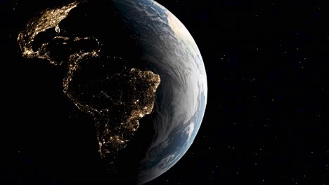 Satellite-view-at-night-over-South-America-showing-glowing-lights-of-populated-cities,-darkness-over-Amazon-rainforest