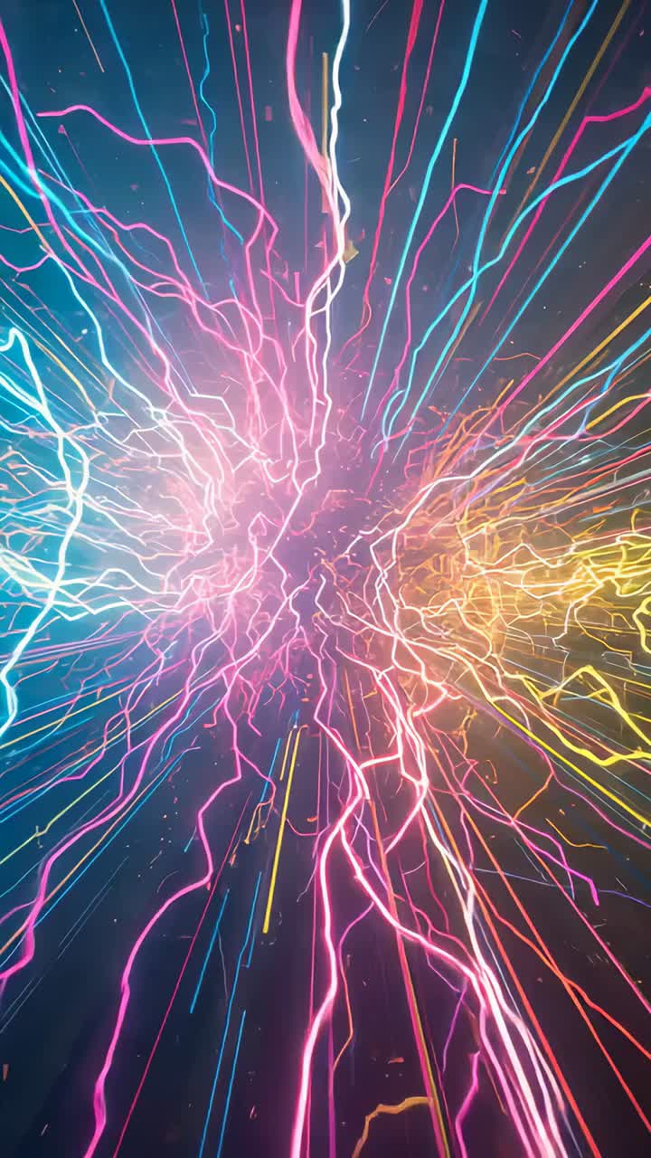 Video verticale: nucleo pulsante che lancia filamenti rosa, blu e gialli verso l'esterno nel vuoto scuro, scintille