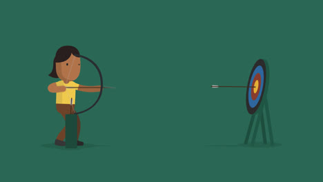 cartoon animation of a young girl shooting with a bow to the target. she has high aiming skill and every time shot in center of the target. archery requires accuracy and concentration.