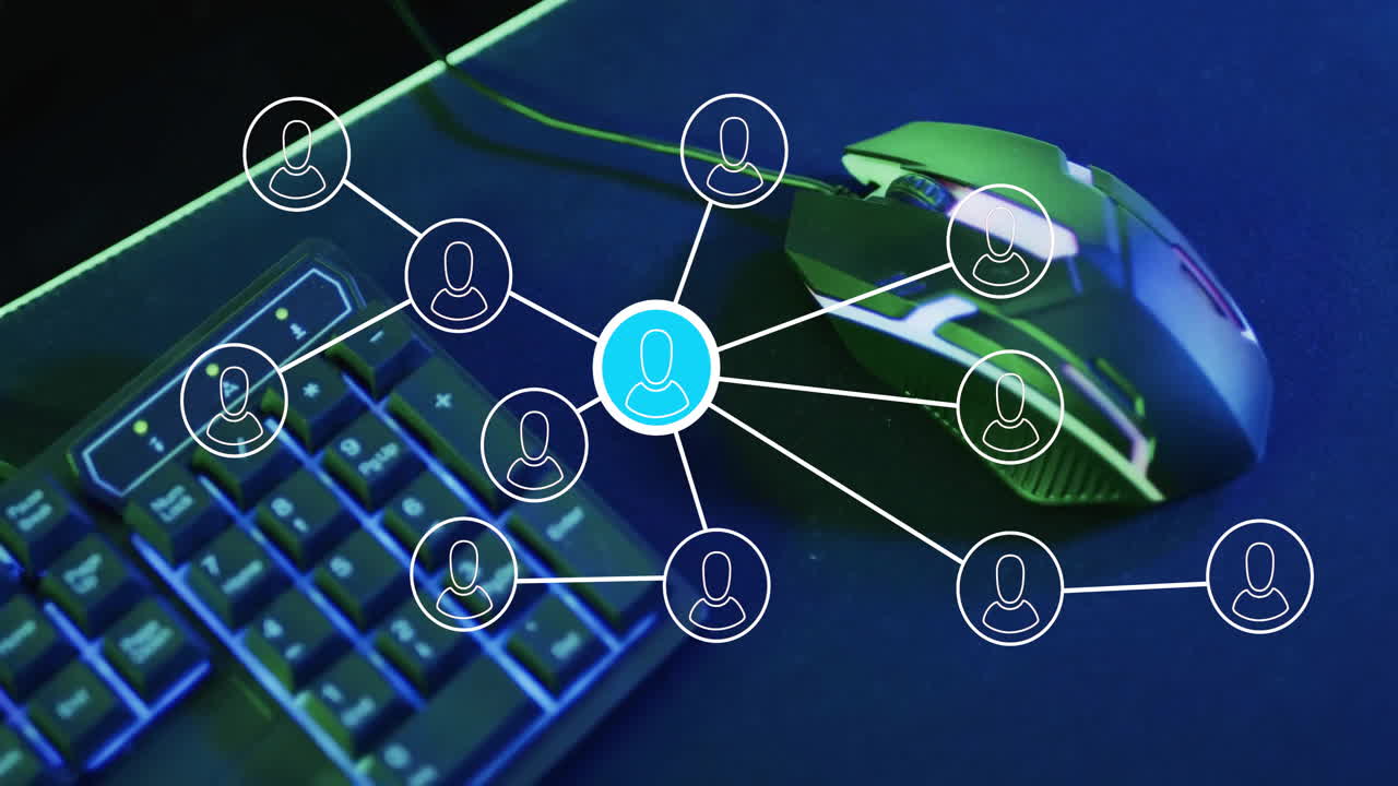 animación de la red de conexiones con personas iconos de ordenador ratón y teclado