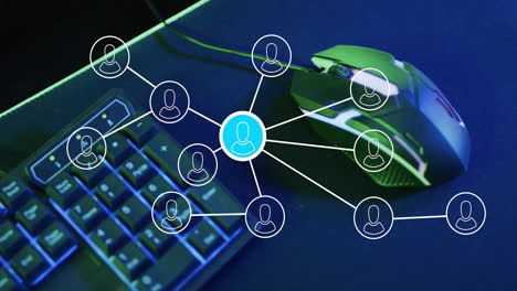 animation of network of connections with people icons computer mouse and keyboard