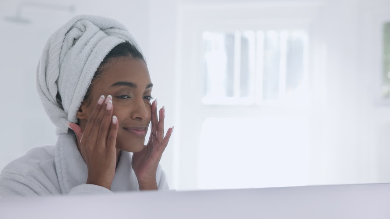 Skincare, bathroom and woman with towel on head