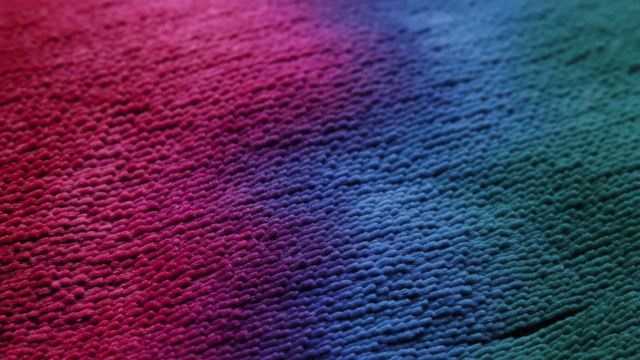 Makro zářivé texturované látky ukazující přechod barvy od purpurové k tyrkysové na vzorku tkané bavlny, s viditelnými smyčkami vláken.