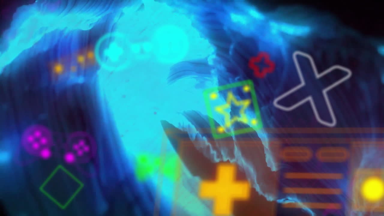 animación de símbolos y consolas de juegos con patrón de onda dinámico sobre fondo negro