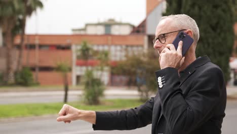 businessman signaling taxi and using cellphone near street