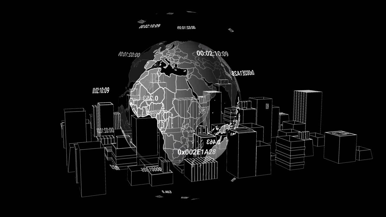 디지털 세계 지도 및 데이터 코드 와이어 프레임 시티 스케이프를 통해 애니메이션