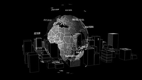 digital world map and data codes animation over wireframe cityscape