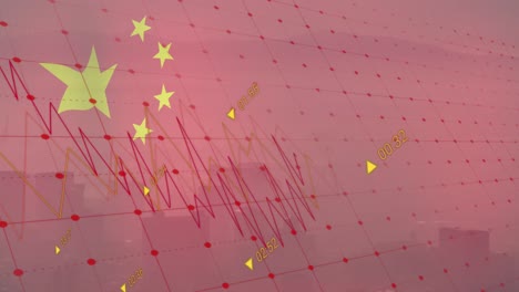 Animation-of-flag-of-china-and-data-processing-over-cityscape