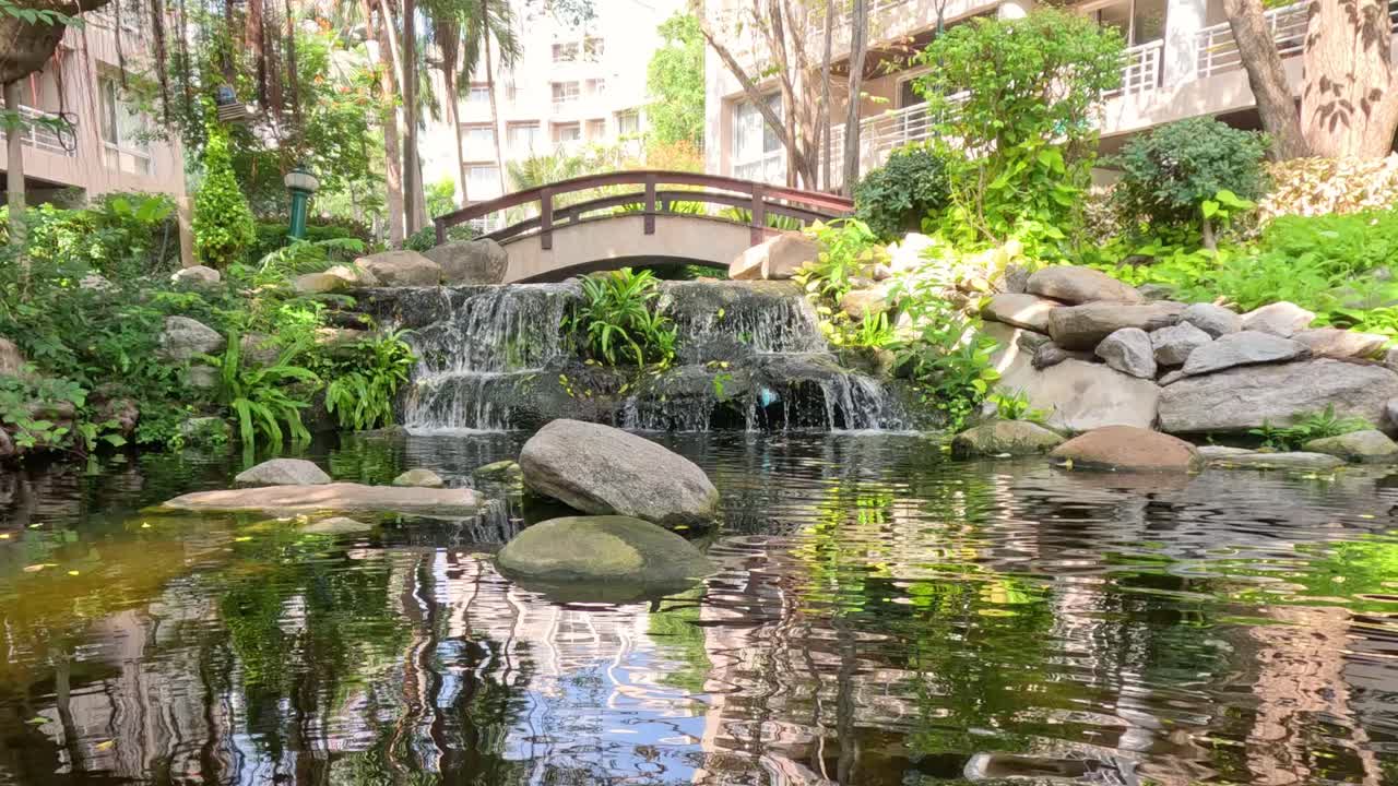 울창 한 정원 에 있는 조용 한 폭포