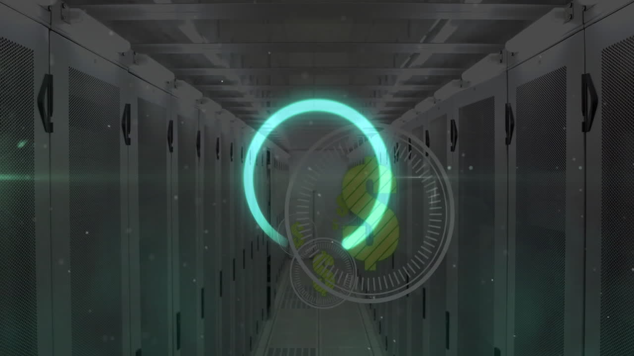 Glowing circular animation hovering over server racks in data center environment