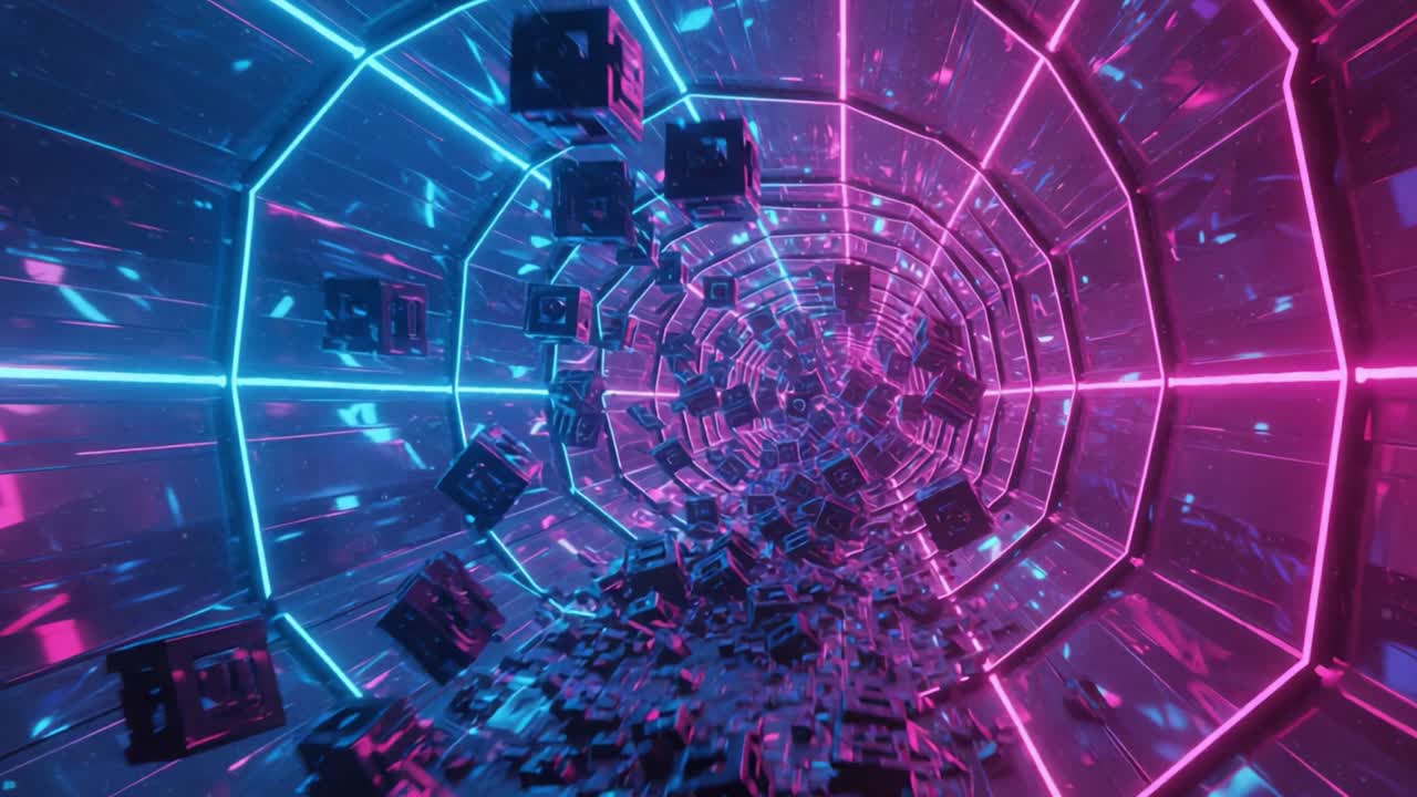 A Vibrant Journey Through a Futuristic Tunnel, Filled with Glowing Blocks and Pulsating Lights, Capturing the Essence of Digital Transformation and Abstract Art