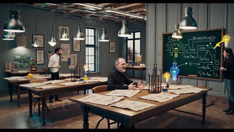 business brainstorming session in a vintage classroom