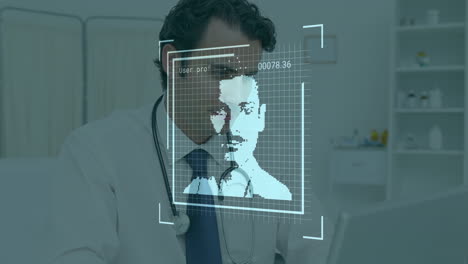 animación de cambios de íconos de perfil sobre un médico caucásico usando una computadora en el hospital