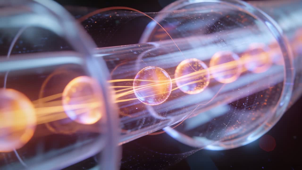 Sliding camera revealing clear tube pulsing orange spheres in dark studio, filaments linking orbs