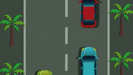 Animation-of-video-game-screen-with-cars-racing-on-moving-street