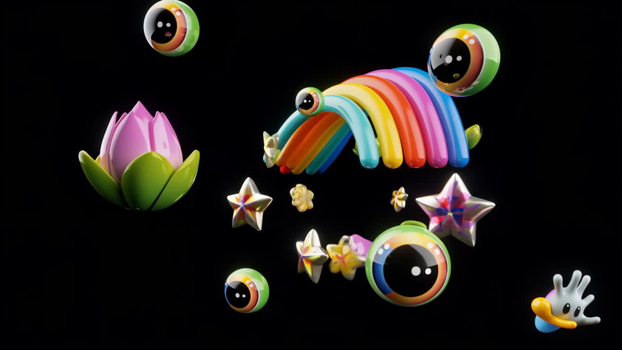 Whimsical 3D Render of Colorful Creatures and Objects