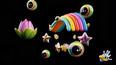 whimsical 3d render of colorful creatures and objects