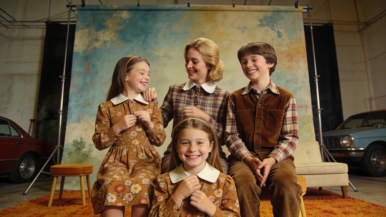 Donna sorridente in abito a quadri, tre bambini che ridono su un set in studio su indicazione, mentre si aggiustano i colletti.