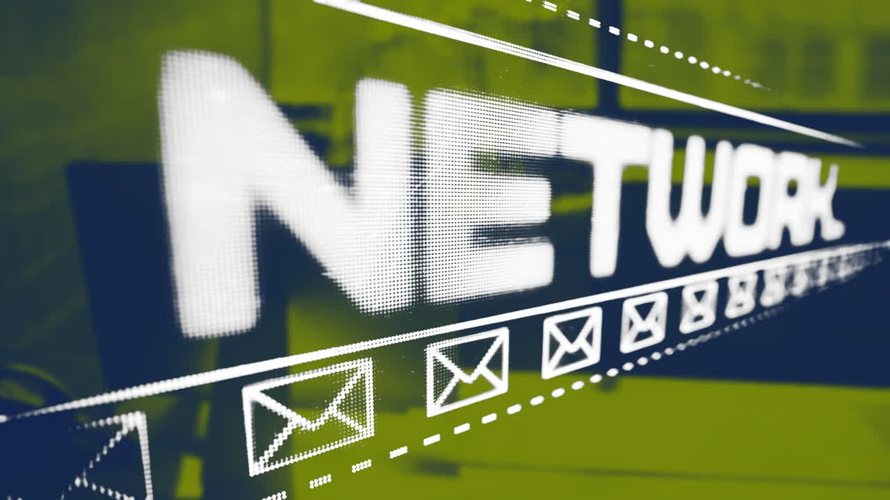 animación de texto de red e iconos de sobres con procesamiento de datos