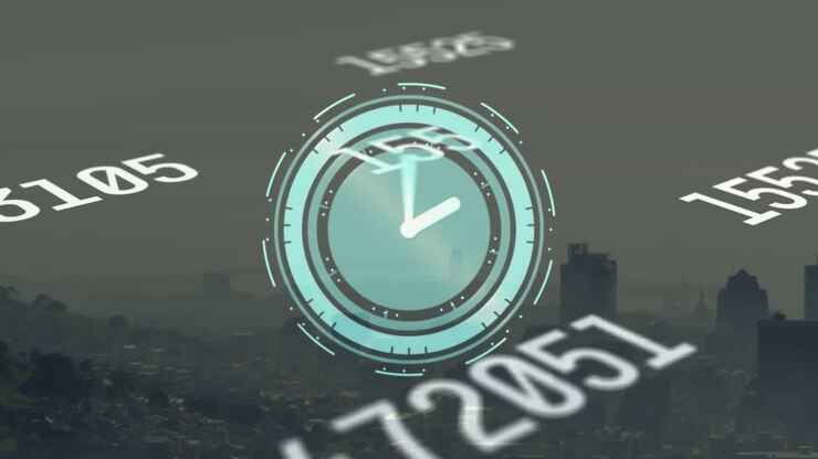Animation of clock ticking and numbers over cityscape