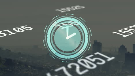 animación del tictac del reloj y los números sobre el paisaje urbano