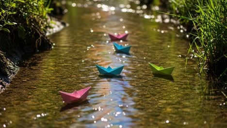 colorful origami boats gently drift down a sparkling stream surrounded by lush greenery, capturing the joy of nature and playfulness in a picturesque setting