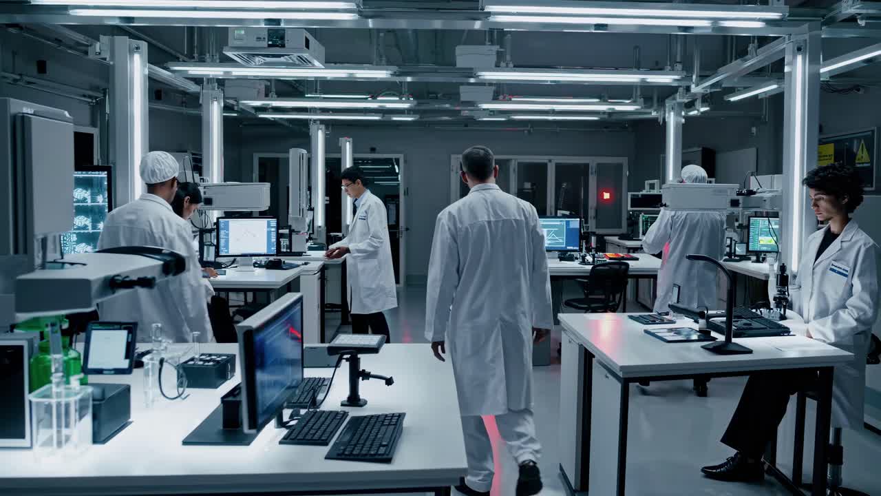 Wide-angle shot of a futuristic lab with scientists in white coats working at computers