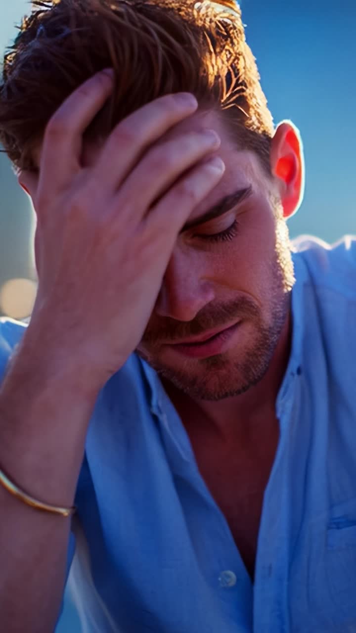 A contemplative man reflecting on his thoughts in a serene setting, showing emotion and depth as sunlight plays on his face and enhances the moment