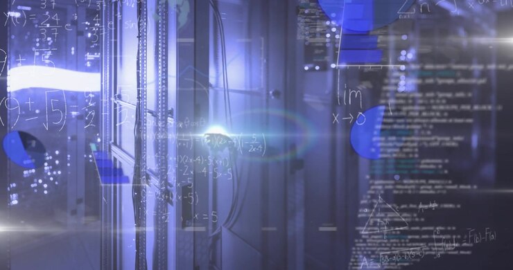 Animation of rainbow lens flare, mathematical equations and data processing against computer server