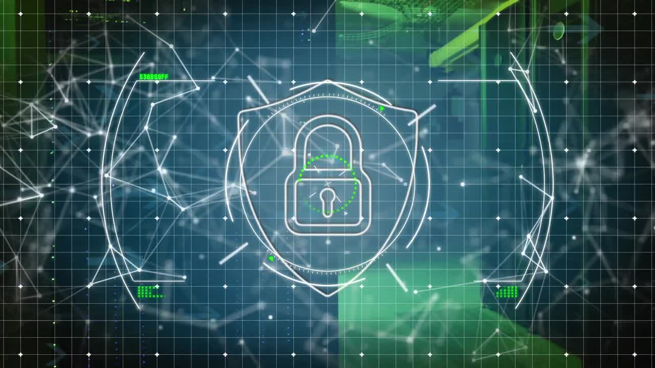 Animation of padlock and data processing over grid