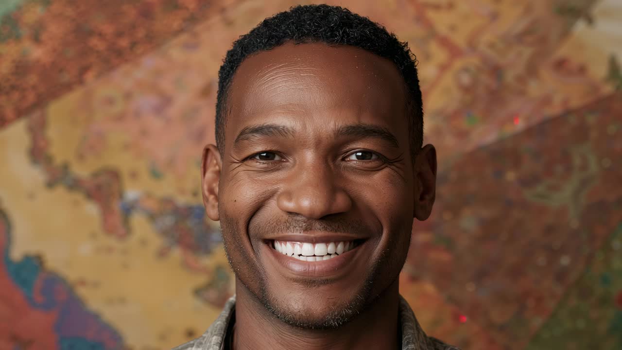 Smiling man wearing camo shirt, ear stud gazing at ops map pins, recording starting for briefing