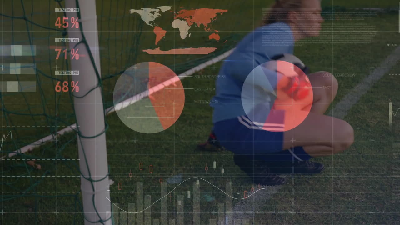 animación del procesamiento de datos financieros sobre la portera de fútbol caucásica