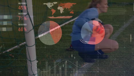 animation of financial data processing over caucasian female football goal keeper