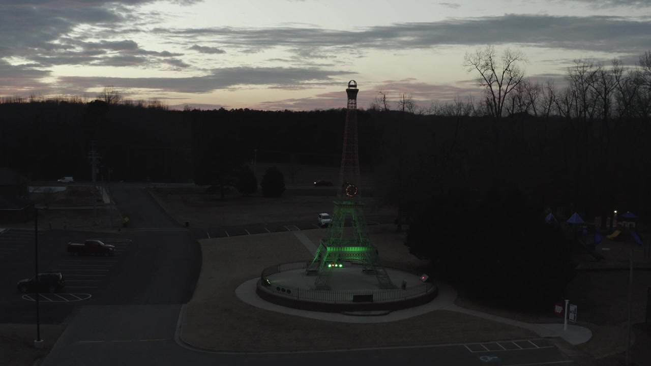 Drone footage of the Eiffel Tower Park in Paris Tn.