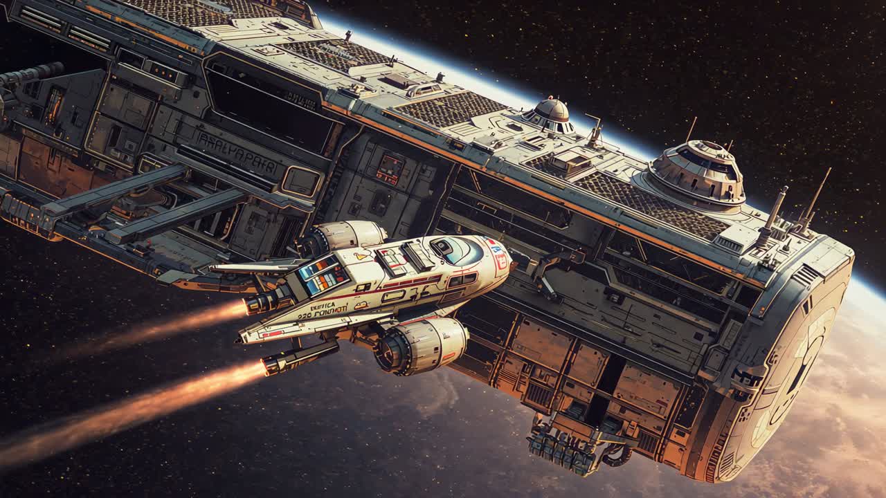 Engines firing, small craft with twin orange thrusters passing orbital module, aligning for docking